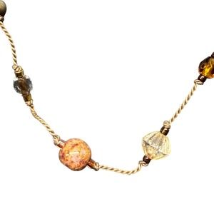 Gold Tone Beaded Necklace Adjustable Chain Earth Tone Gemstone Accent 26in